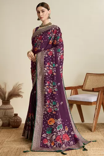 Wine printed cotton cotton saree with blouse piece