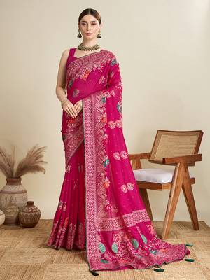 Pink printed cotton cotton saree with blouse piece 1