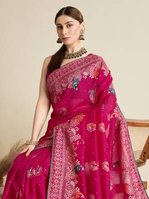 Pink printed cotton cotton saree with blouse piece 2