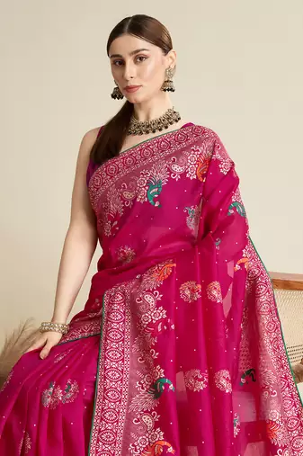 Pink printed cotton cotton saree with blouse piece