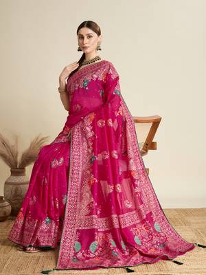 Pink printed cotton cotton saree with blouse piece 3