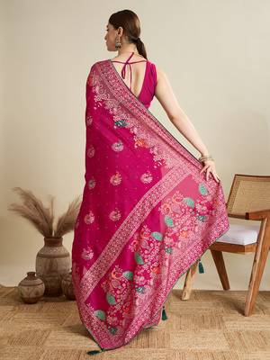 Pink printed cotton cotton saree with blouse piece 5