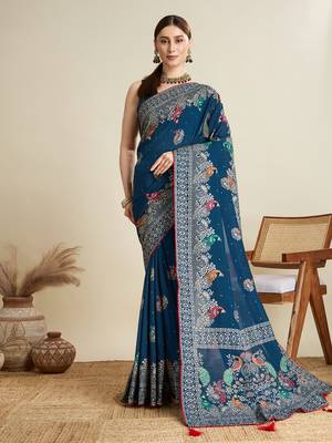 Teal printed cotton cotton saree with blouse piece 1