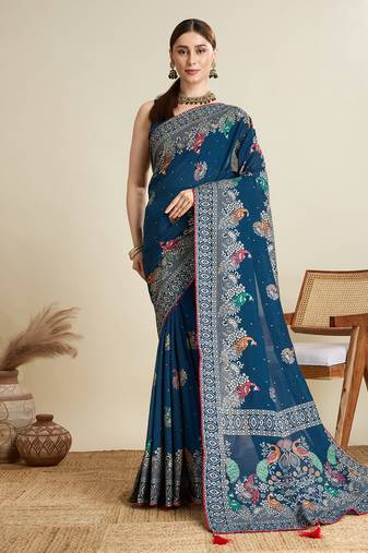 Teal printed cotton cotton saree with blouse piece