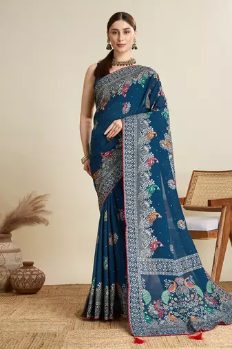 Teal printed cotton cotton saree with blouse piece