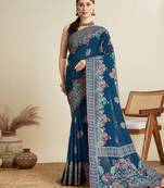 Teal printed cotton cotton saree with blouse piece