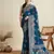 Teal printed cotton cotton saree with blouse piece