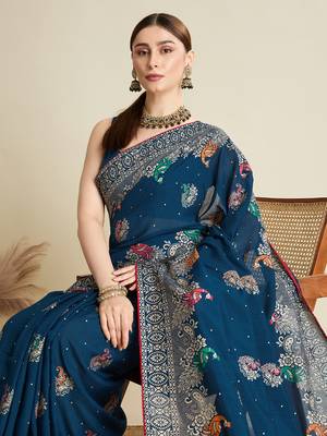 Teal printed cotton cotton saree with blouse piece 2