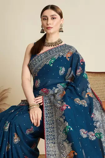 Teal printed cotton cotton saree with blouse piece