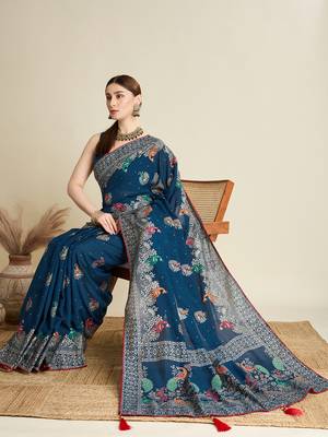 Teal printed cotton cotton saree with blouse piece 3