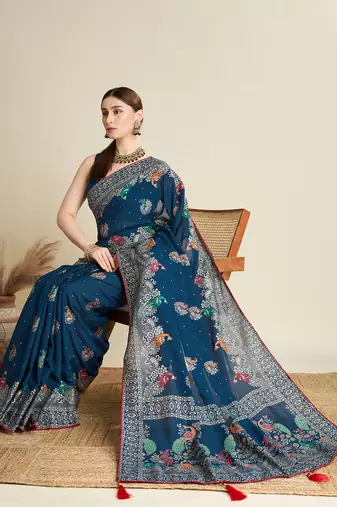 Teal printed cotton cotton saree with blouse piece