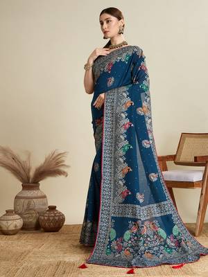 Teal printed cotton cotton saree with blouse piece 4
