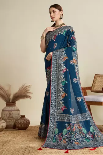 Teal printed cotton cotton saree with blouse piece