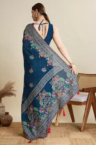 Teal printed cotton cotton saree with blouse piece