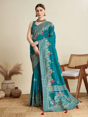 Teal printed cotton cotton saree with blouse piece 1
