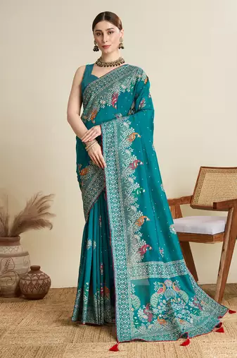 Teal printed cotton cotton saree with blouse piece