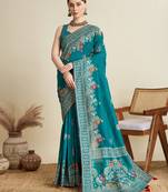Teal printed cotton cotton saree with blouse piece