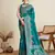 Teal printed cotton cotton saree with blouse piece