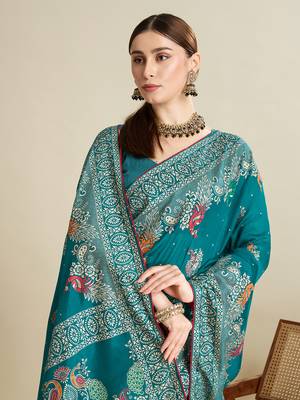 Teal printed cotton cotton saree with blouse piece 2