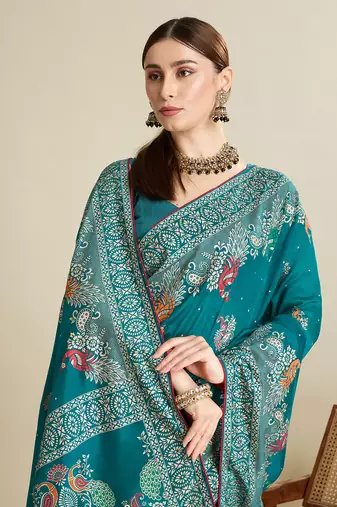 Teal printed cotton cotton saree with blouse piece