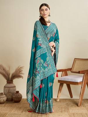 Teal printed cotton cotton saree with blouse piece 3