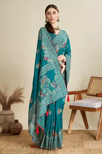 Teal printed cotton cotton saree with blouse piece
