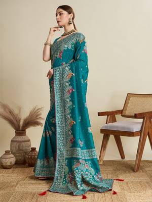 Teal printed cotton cotton saree with blouse piece 4