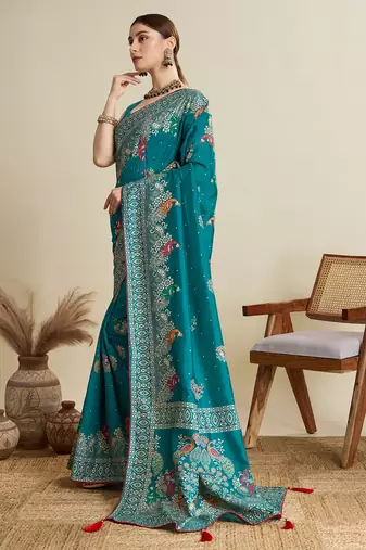 Teal printed cotton cotton saree with blouse piece