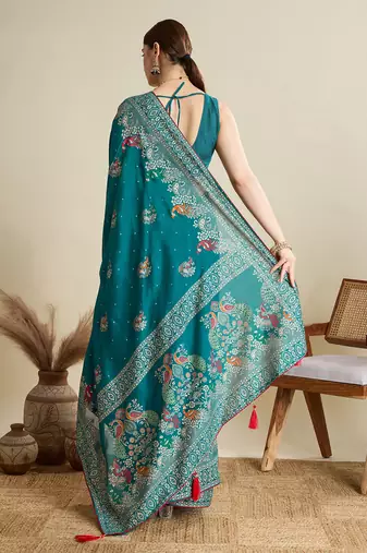 Teal printed cotton cotton saree with blouse piece