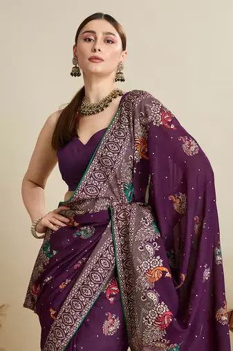 Wine printed cotton cotton saree with blouse piece
