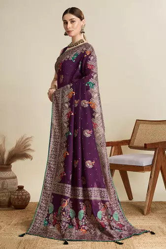 Wine printed cotton cotton saree with blouse piece