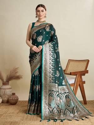 Dark green woven satin saree with blouse piece 1