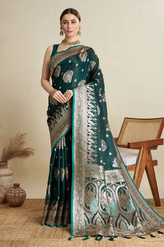 Dark green woven satin saree with blouse piece