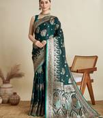 Dark green woven satin saree with blouse piece