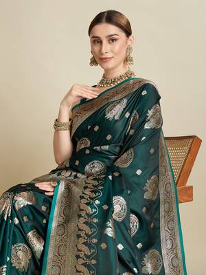 Dark green woven satin saree with blouse piece 2