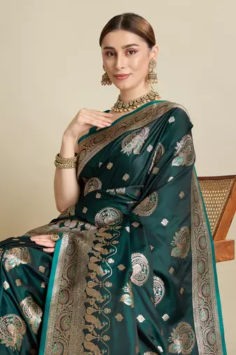 Dark green woven satin saree with blouse piece