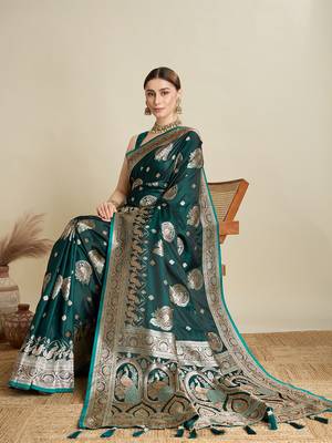 Dark green woven satin saree with blouse piece 3