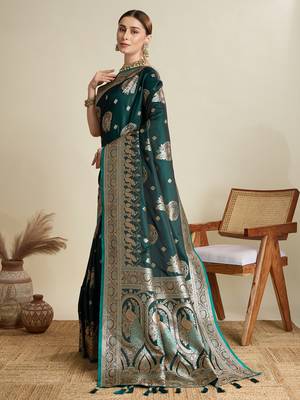 Dark green woven satin saree with blouse piece 4