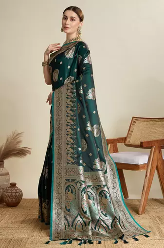 Dark green woven satin saree with blouse piece