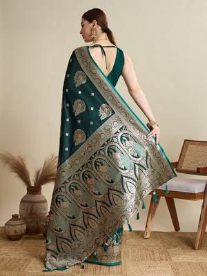 Dark green woven satin saree with blouse piece 5
