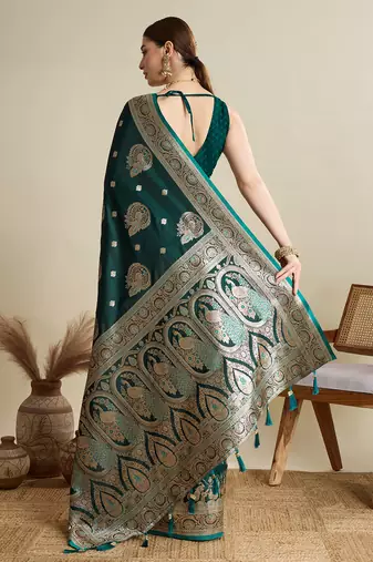 Dark green woven satin saree with blouse piece
