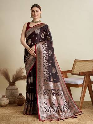 Maroon woven satin saree with blouse piece 1