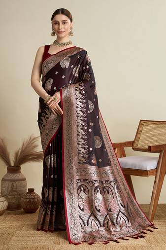 Maroon woven satin saree with blouse piece
