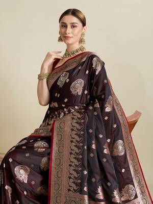 Maroon woven satin saree with blouse piece 2