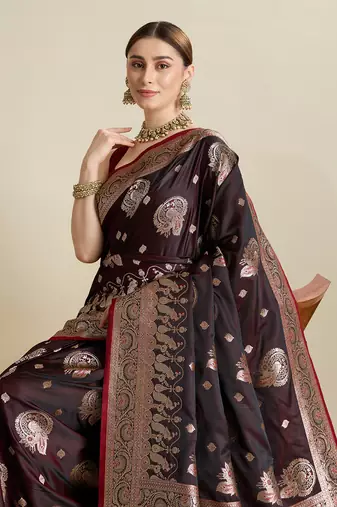Maroon woven satin saree with blouse piece