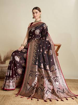 Maroon woven satin saree with blouse piece 3