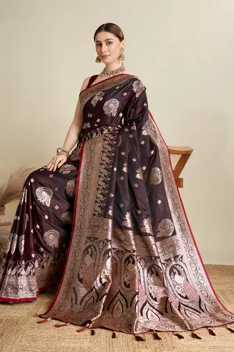 Maroon woven satin saree with blouse piece