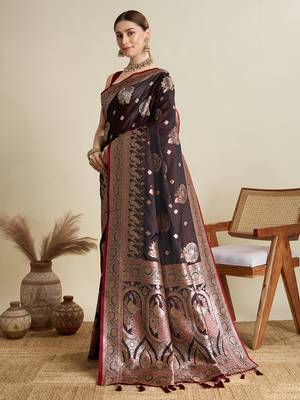 Maroon woven satin saree with blouse piece 4