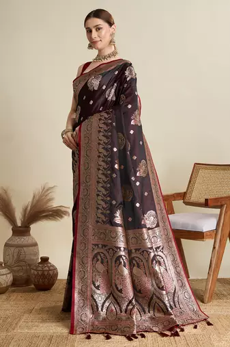 Maroon woven satin saree with blouse piece