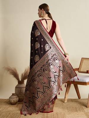 Maroon woven satin saree with blouse piece 5